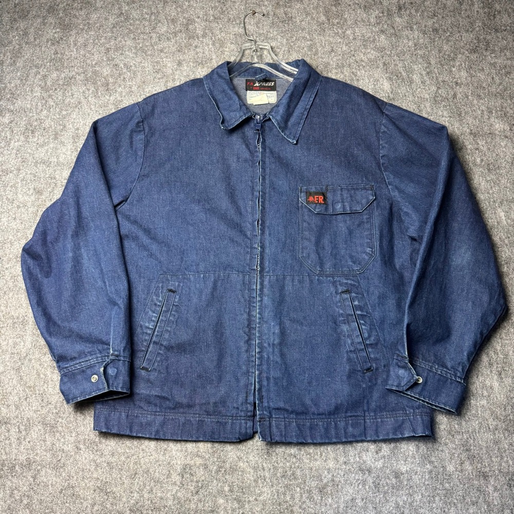 Vintage FR Express R&R Flame Resistant Denim Work Jacket USA XL Zip Chore Coat